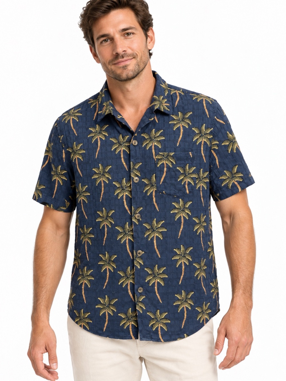 Marine Layer Navy Palm Tree Cotton Short Sleeve Button-Up Shirt L